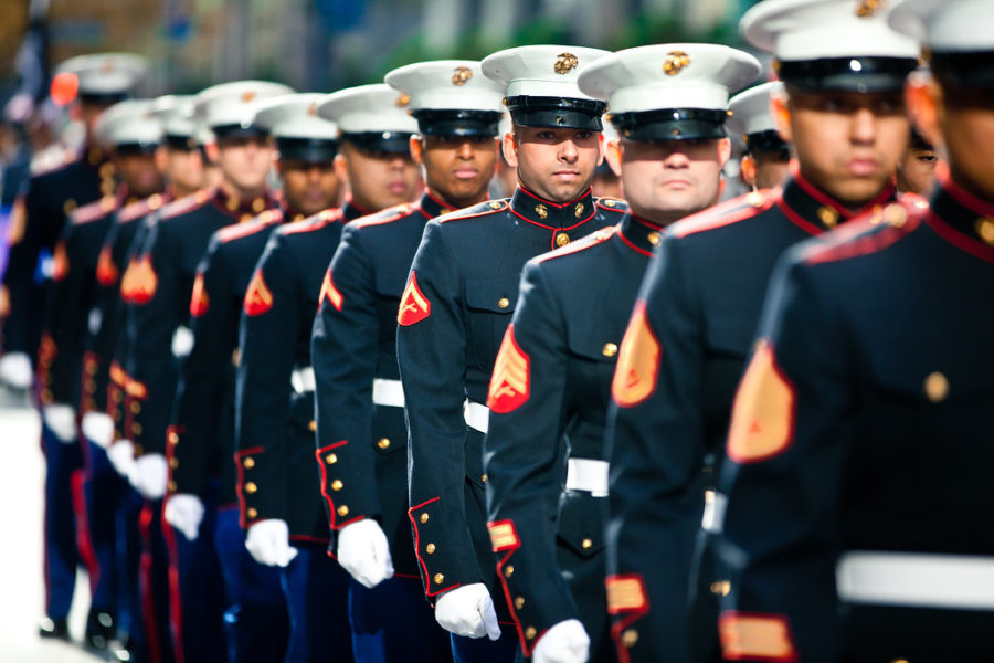 The disciplined Marines line up to begin marching.