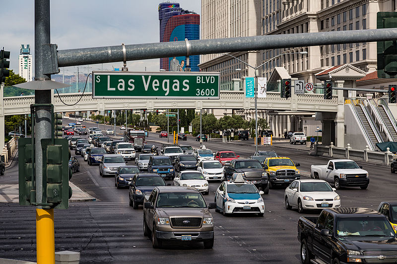 Traffic piles up by Las Vegas Boulevard.