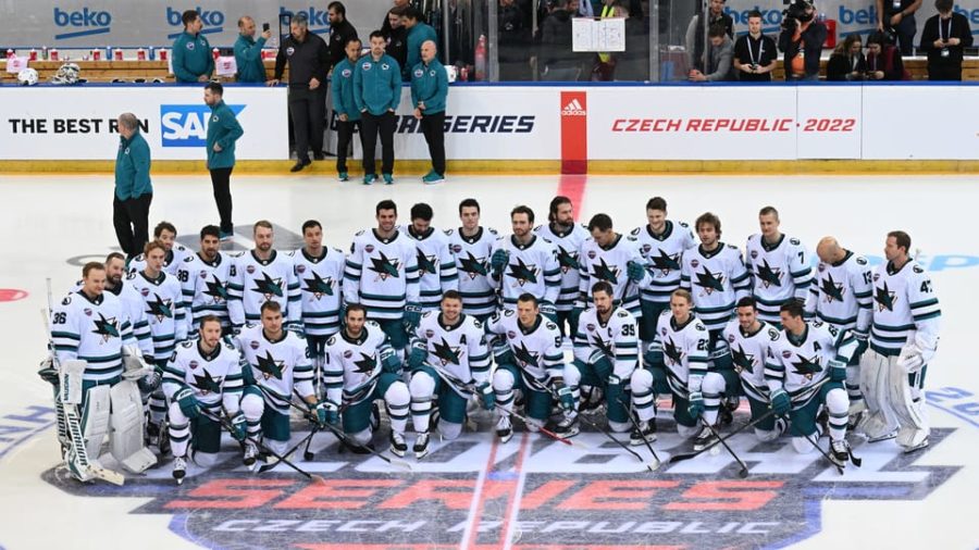The San Jose Sharks come together for a group photo in Prague.
