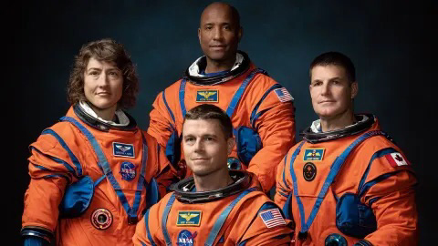 The crew members for the Artemis 2 mission. Christina Koch (left), Victor Glover (back), Reid Wiseman (front), and Jeremy Hansen (right).